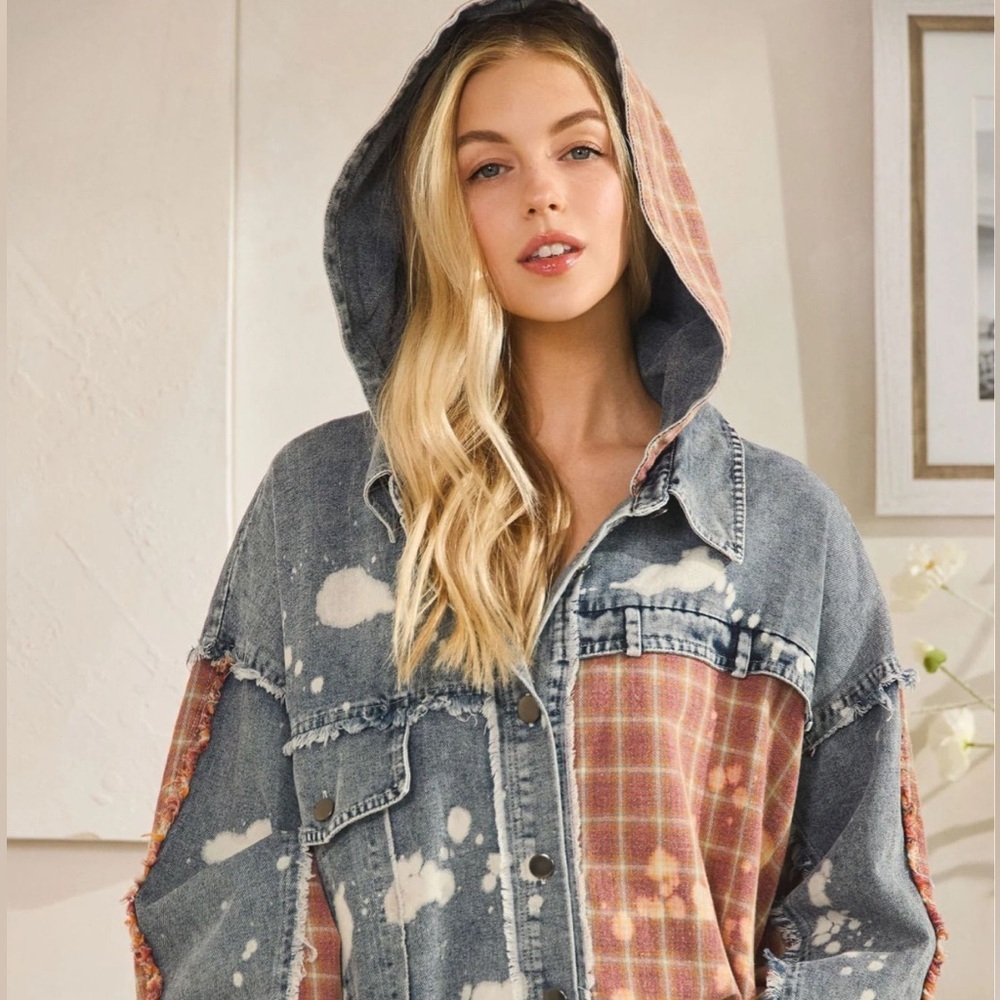 Oli & Hali XL Patchwork Denim Hooded Jacket Frayed Edge Plaid Oversized - Picture 7 of 9